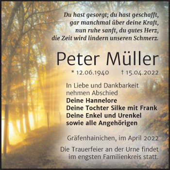 Traueranzeige von Peter Müller von Trauerkombi Wittenberg