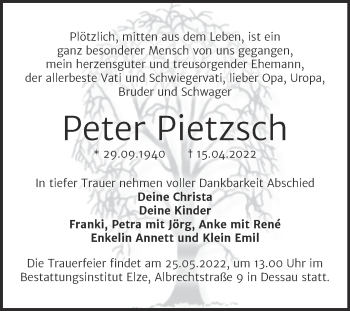 Traueranzeige von Peter Pietzsch von Trauerkombi Dessau
