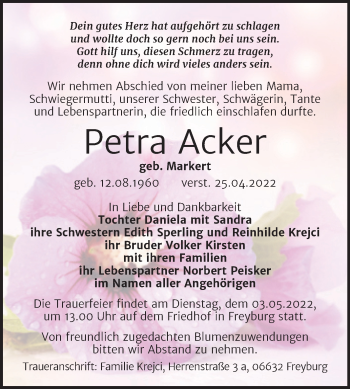 Traueranzeige von Petra Acker von Naumburger Tageblatt