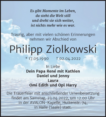Traueranzeige von Philipp Ziolkowski von Mitteldeutsche Zeitung Halle/Saalkreis