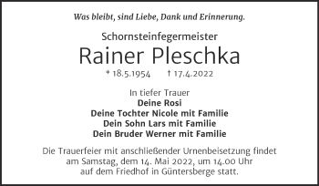 Traueranzeige von Rainer Pleschka von Trauerkombi Quedlinburg