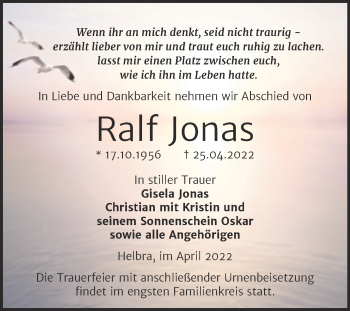 Traueranzeige von Ralf Jonas von Trauerkombi Mansfelder Land