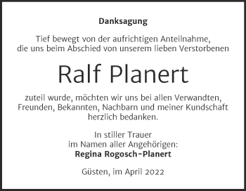 Traueranzeige von Ralf Planert von Trauerkombi Aschersleben