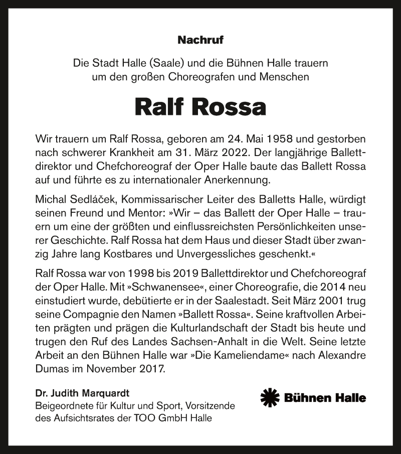  Traueranzeige für Ralf Rossa vom 16.04.2022 aus Mitteldeutsche Zeitung Halle/Saalkreis