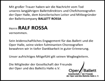 Traueranzeige von Ralf Rossa von Mitteldeutsche Zeitung Halle/Saalkreis