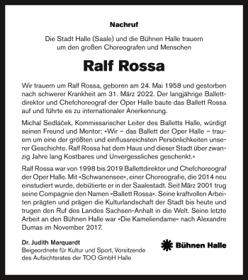 Traueranzeige von Ralf Rossa von Mitteldeutsche Zeitung Halle/Saalkreis