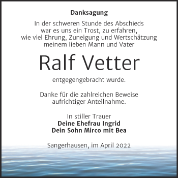 Traueranzeige von Ralf Vetter von Trauerkombi Sangerhausen