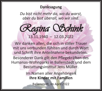 Traueranzeige von Regina Schink von Trauerkombi Quedlinburg