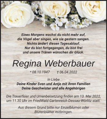 Traueranzeige von Regina Weberbauer von Trauerkombi Dessau
