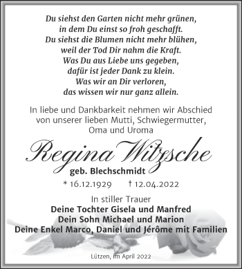 Traueranzeige von Regina Witzsche von Trauerkombi Weißenfels