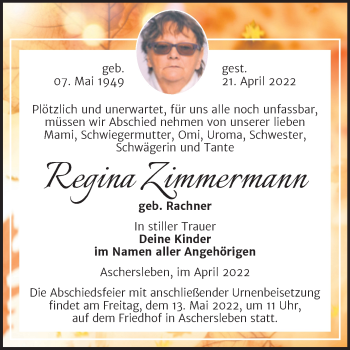 Traueranzeige von Regina Zimmermann von Trauerkombi Aschersleben