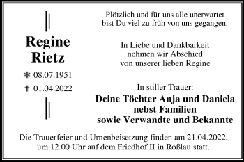 Traueranzeige von Regine Rietz von Trauerkombi Dessau