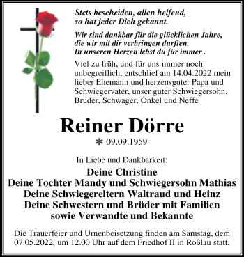Traueranzeige von Reiner Dörre von Trauerkombi Dessau