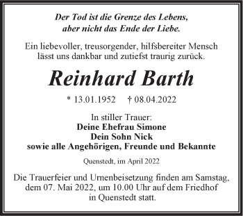 Traueranzeige von Reinhard Barth von Trauerkombi Mansfelder Land