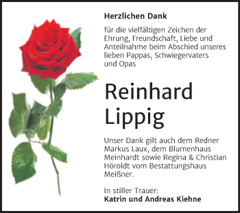 Traueranzeige von Reinhard Lippig von Trauerkombi Sangerhausen