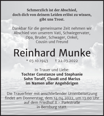Traueranzeige von Reinhard Munke von Trauerkombi Bernburg