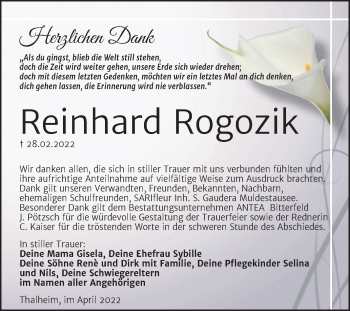 Traueranzeige von Reinhard Rogozik von Trauerkombi Bitterfeld