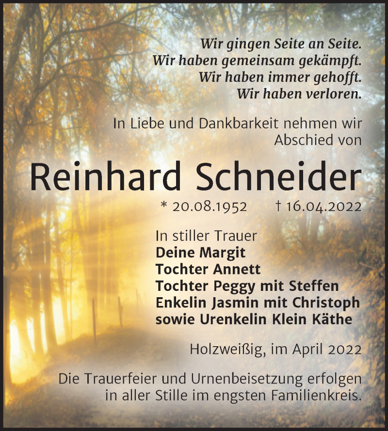  Traueranzeige für Reinhard Schneider vom 23.04.2022 aus Trauerkombi Bitterfeld
