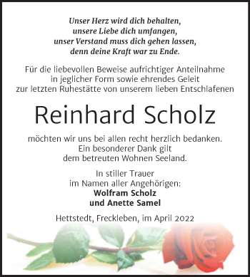 Traueranzeige von Reinhard Scholz von Trauerkombi Aschersleben