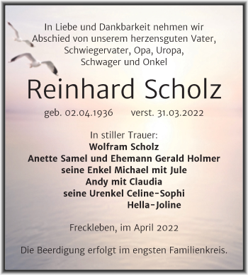 Traueranzeige von Reinhard Scholz von Trauerkombi Aschersleben