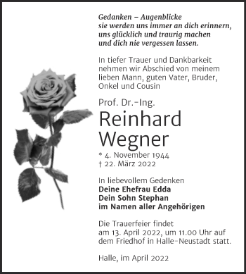 Traueranzeige von Reinhard Wegner von Mitteldeutsche Zeitung Halle/Saalkreis