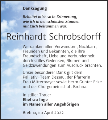 Traueranzeige von Reinhardt Schrobsdorff von Trauerkombi Bitterfeld