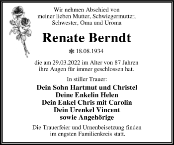 Traueranzeige von Renate Berndt von Trauerkombi Dessau