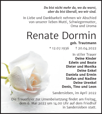 Traueranzeige von Renate Dormin von Trauerkombi Mansfelder Land