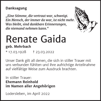 Traueranzeige von Renate Gaida von Trauerkombi Merseburg