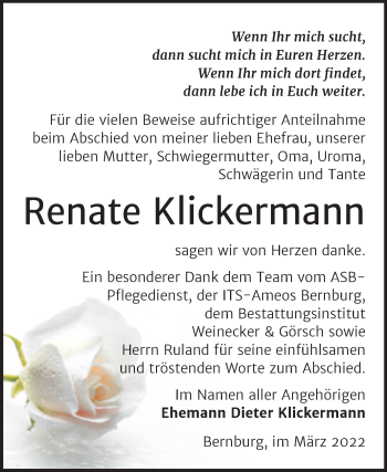 Traueranzeige von Renate Klickermann von Trauerkombi Bernburg