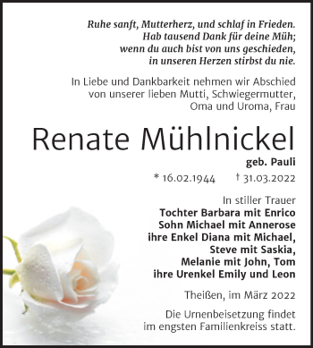 Traueranzeige von Renate Mühlnickel von Trauerkombi Zeitz