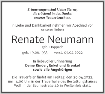 Traueranzeige von Renate Neumann von Trauerkombi Weißenfels