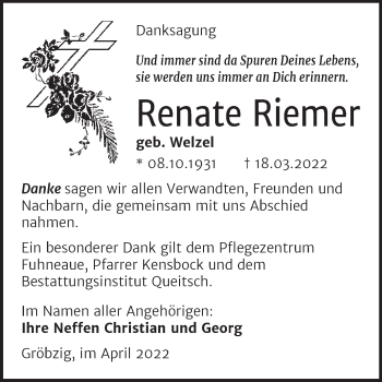 Traueranzeige von Renate Riemer von Trauerkombi Köthen