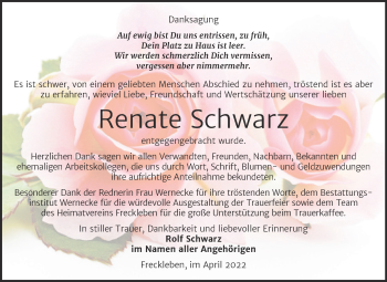 Traueranzeige von Renate Schwarz von Trauerkombi Aschersleben
