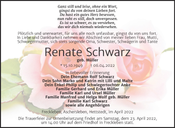 Traueranzeige von Renate Schwarz von Trauerkombi Aschersleben