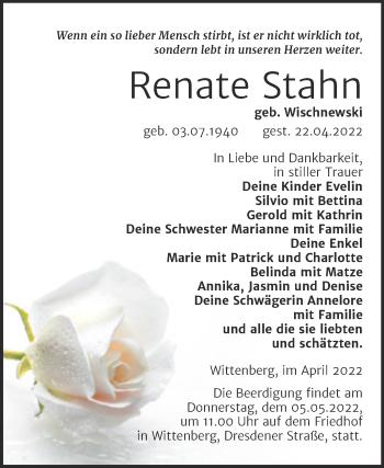 Traueranzeige von Renate Stahn von Trauerkombi Wittenberg