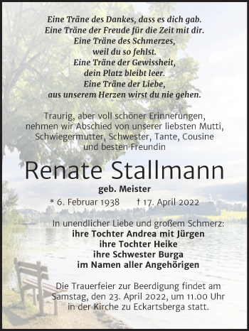 Traueranzeige von Renate Stallmann von Naumburger Tageblatt