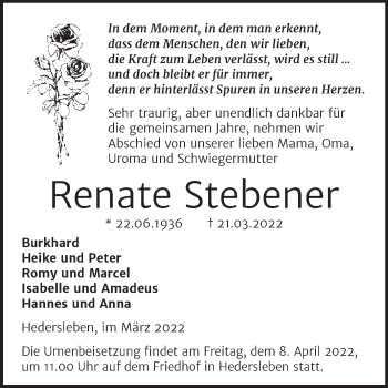 Traueranzeige von Renate Stebener von Trauerkombi Quedlinburg