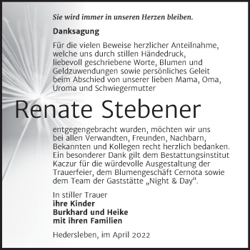 Traueranzeige von Renate Stebener von Trauerkombi Quedlinburg