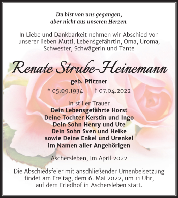 Traueranzeige von Renate Strube-Heinemann von Trauerkombi Aschersleben