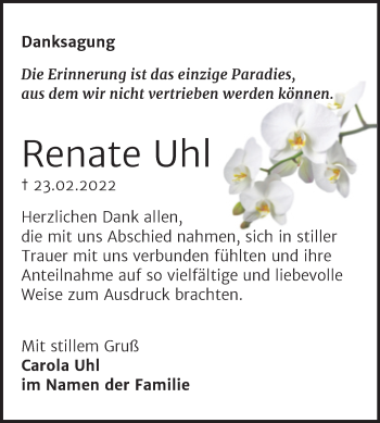 Traueranzeige von Renate Uhl von Trauerkombi Mansfelder Land