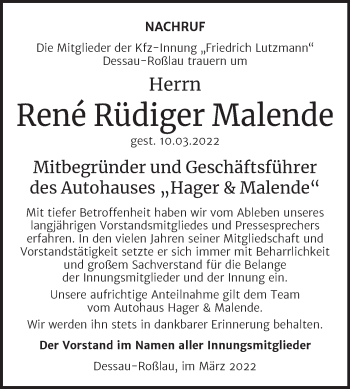 Traueranzeige von Rene Rüdiger Malende von Super Sonntag Dessau-Roßlau