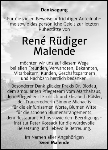 Traueranzeige von Rene Rüdiger Malende von Super Sonntag Dessau-Roßlau
