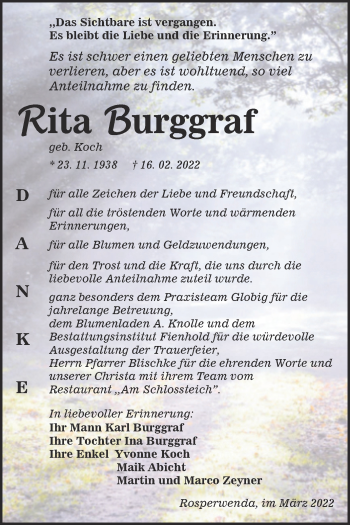Traueranzeige von Rita Burggraf von Trauerkombi Sangerhausen