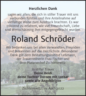 Traueranzeige von Roland Schröder von Trauerkombi Wittenberg