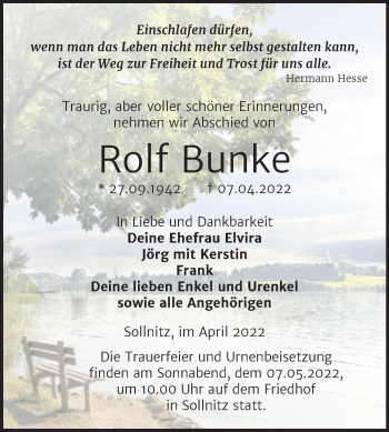 Traueranzeige von Rolf Bunke von Trauerkombi Dessau