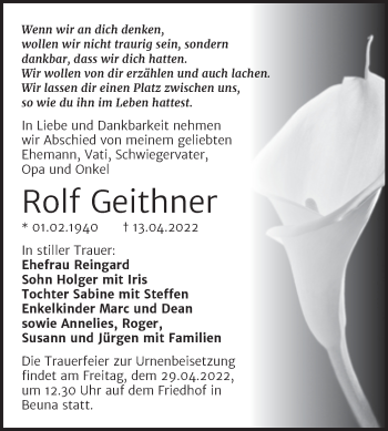 Traueranzeige von Rolf Geithner von Trauerkombi Merseburg