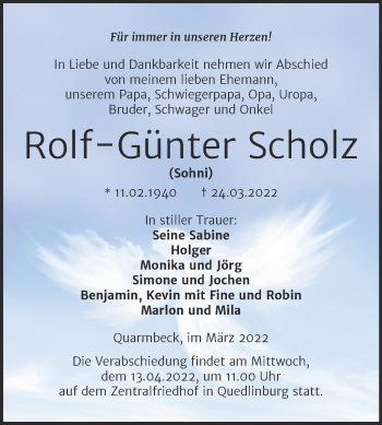 Traueranzeige von Rolf-Günter Scholz von Trauerkombi Quedlinburg