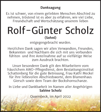 Traueranzeige von Rolf-Günter Scholz von Trauerkombi Quedlinburg