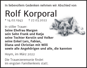 Traueranzeige von Rolf Korpora von Trauerkombi Aschersleben